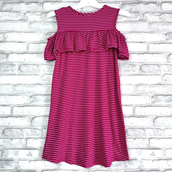 Btween Girls Berry White Stripes Cold Shoulder Short Sleeve Dress - Sz 8 (Girls) - Picture 5 of 7